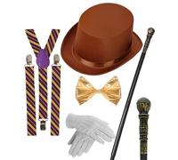 Mega_Jumble Adult Willy Wonka Costume Accessory Set | Brown Top Hat, Gold Bow Tie, Braces, Gloves & Cane | Chocolate Factory Owner Costume for World Book Day Movie Character Cosplay