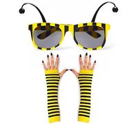 Mega_Jumble® Adults Bumble Beauty Bumble Bee Ladies Yellow and Black Tripes Women Fancy Dress Kit Fingerless Gloves + Bee Glasses with Antennas