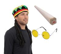 Mega_Jumble Adults Rasta Raggae Jamaican Bob Marley Rasta Hat with Dreadlocks Wig, Fake Spliff & Yellow Glasses - Caribbean Jamaican Beach Carnival Theme Party Fancy Dress Costume Set