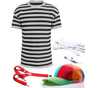 Mega_Jumble Alice in Wonderland Twins Fairy Tale Tweedle Dee or Dum Fancy Dress Costume Set - Black & White Stripe T-Shirt, Helicopter Hat, Braces and Gloves (L)