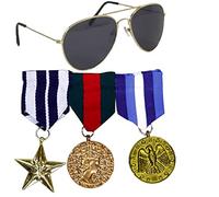 Mega_Jumble® Army Set for Adult Unisex- Gold Aviator Sunglasses + SET OF 3 COMBAT HERO MEDALS for Army Soldier Army General Hero War Time Medals G.I 2 PC Fancy Dress Costume Aviator Set