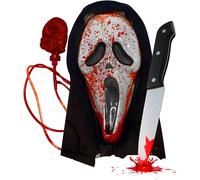 Mega_Jumble Bleeding Spooky Plastic Scream Mask with Bloody Knife Prop Halloween Horror Gothic Ghost Mask Fancy Dress Accessory Set