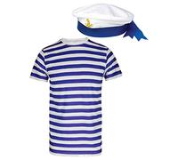 Mega_Jumble Blue White Stripe Shirt & Sailor Hat with Ribbon for Adult Men's Naval Officer Sea Sailor Uniform Marine Navy Wold Book Day/Week Fancy Dress Costume (XXL)