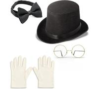 Mega_Jumble® British Victorian Gentleman Stag/Hen Night Set Golden Glasses, Black Top Hat, Black Bow Tie & White Gloves Monopoly Lord Manor Vintage Retro Dress Up Role Play Carnival Theme Party