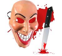 Mega_Jumble Female Evil Grin Mask and Blooded Plastic Knife Halloween Horror Scary Smiling Fancy Dress Costume Set