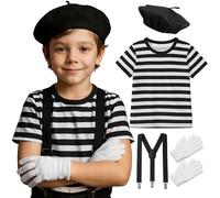 Mega_Jumble French Mime Artist Kit 5-13 Years | Black Beret Hat, T-Shirt, White Gloves & Braces | Book Week Cosplay Theme Party Halloween Fancy Dress Set (XL)
