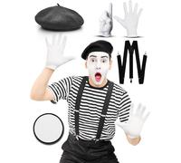 Mega_Jumble Frenchman Mime Artist Men's French Joker Costume Set - Beret, T-Shirt, Braces, Gloves and Face Paint | Themed Party Stag Do Role Play Book Week Fancy Dress (M)
