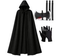 Mega_Jumble Grim Reaper, Ghost Ghoul Halloween Hooded Cloak Black Velvet, Axe and Black Gloves - Scary Vampire Party Horror Fancy Dress Costumes for Adult Unisex