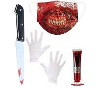 Mega_Jumble Halloween Bloody Zombie Doctor Mask + Gloves + Knife + Fake Blood Set for Adult Fancy Dress Accessory Zombie Killer Butcher Bloody Surgeon Mask