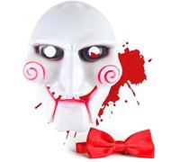 Mega_Jumble Halloween Costume Killer Set, Billy the Puppet PVC Mask & Red Bow Tie for Adult Scary Halloween Party Horror Cosplay Fancy Dress Accessory (Saw + Bow Tie)