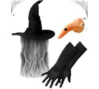 Mega_Jumble Halloween Witch Hat with Wig, Black Long Gloves & Witch Nose Accessory Set, Adult Masquerade Carnivals Witches Fancy Dress Outfit Kit