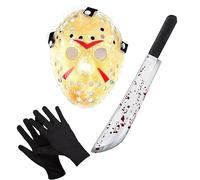 Mega_Jumble Jason Voorhees Mask, Gloves & Bloody Machete Prop for Adult, Horror Jason Hockey Mask Scary Killer Fancy Dress Costume Halloween Party Cosplay Masquerade