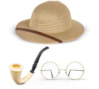 Mega_Jumble Jungle Safari Zoo Keeper Costume Set for Mens Womens | Pith Helmet + Round Frame Glasses + Fake Pipe | Explorer Adventurer Fancy Dress Accessory Kit for Adult