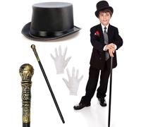 Mega_Jumble Kids Chocolate Factory Owner Black Top Hat, Gold Cane Pimp Stick & White Gloves ~ Victorian Style Gentleman Rich Man World Book Day/Week Fancy Dress Costume