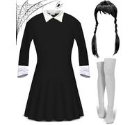 Mega_Jumble Ladies Gothic Manor Daughter Fancy Dress Outfit - Plait Wig + Black Dress + White Stockings, Adult Scary Haunted Schoolgirl Cosplay Party Dress Up (STD)