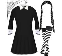 Mega_Jumble Ladies Gothic Manor Daughter Fancy Dress Outfit - Plait Wig + Black Dress + White Stockings, Adult Scary Haunted Schoolgirl Cosplay Party Dress Up (XXL)
