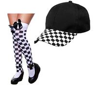 Mega_Jumble Ladies Racer Car Driver Race Fancy Dress Costume Accessory - Adult Checkered Racing Cap and White & Black Checkered Stockings With Black Bow