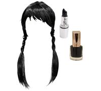 Mega_Jumble Ladies Spooky Addams Family Fancy Dress Costume Gothic Manor Daughter Plaints Wig, Black Nail Polish and Lipstick Halloween Fancy Dress for Women's