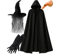 Mega_Jumble Ladies Witch Accessory Set Black Witch's Hat with Grey Hairs, Nose, Gloves & Black Cape Halloween Trick or Treat Witch Wizard Costume Set
