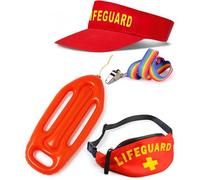 Mega_Jumble Lifeguard Costume Accessory Set Sun Visor, Bum Bag, Sunglasses, Whistle & Inflatable Float Beach Party Fancy Dress Outfit Baywatch Themes (Hat+Bag+Whistle+Float)