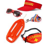Mega_Jumble Lifeguard Costume Accessory Set Sun Visor, Bum Bag, Sunglasses, Whistle & Inflatable Float Beach Party Fancy Dress Outfit Baywatch Themes (Hat+Bag+Whistle+Float+Glasses)