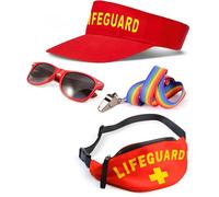 Mega_Jumble Lifeguard Costume Accessory Set Sun Visor, Bum Bag, Sunglasses, Whistle & Inflatable Float Beach Party Fancy Dress Outfit Baywatch Themes (Hat+Bag+Whistle+Glasses)