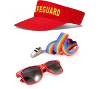 Mega_Jumble Lifeguard Costume Accessory Set Sun Visor, Bum Bag, Sunglasses, Whistle & Inflatable Float Beach Party Fancy Dress Outfit Baywatch Themes (Hat+Glasses+Whistle)