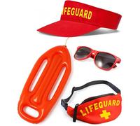 Mega_Jumble Lifeguard Costume Accessory Set Sun Visor, Bum Bag, Sunglasses, Whistle & Inflatable Float Beach Party Fancy Dress Outfit Baywatch Themes (Hat+Bag+Glasses+Float)