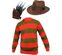 Mega_Jumble Little Freddy Krueger Costume with Hat, Claw Glove & Red And Green Stripe Knitted Jumper for Halloween Theme Party Killer Nightmare Scary Fancy Dress Outfits (S)