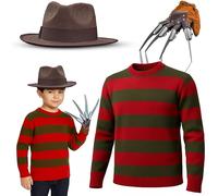 Mega_Jumble Little Freddy Krueger Costume with Hat, Claw Glove & Red And Green Stripe Knitted Jumper for Halloween Theme Party Killer Nightmare Scary Fancy Dress Outfits (L)