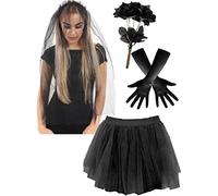 Mega_Jumble Long Black Veil Hairband, Black Gloves, Tutu and Black Roses Bouquet Gothic Bride Veil Day of the Dead Party Accessories Fancy Dress Hair Accessory for Adults Ladies