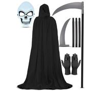 Mega_Jumble Men Phantom of Darkness Grim Reaper Fancy Dress Costume with Skeleton Mask, Black Cloak, Gloves and Death Reaper Scythe for Halloween Cosplay Party