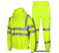 Mega_Jumble Men's Hi Vis Viz Hooded Tracksuit High Visibility Zip Sweatshirt Jumper & Joggers Trouser Reflective Safety Security Work Set (Yellow, XXL)