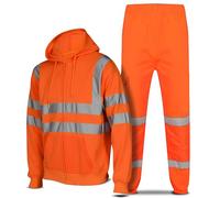 Mega_Jumble Men's Hi Vis Viz Hooded Tracksuit High Visibility Zip Sweatshirt Jumper & Joggers Trouser Reflective Safety Security Work Set (Orange, L)