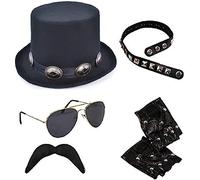 Mega_Jumble® Men's Punk Rock Biker YMCA Studded Set- Rocker Style Black Hat, Gloves, Mustache, Glasses and Choker Kit - 80's Rockstar Slash Heavy Metal Rocker Theme Fancy Dress