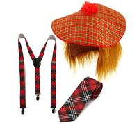 Mega_Jumble Mens Scottish National Scots Tartan Hat with Ginger Hair Wig Suspender Braces and Necktie Instant Kit Red Tartan Pattern Stag Night Fancy Dress Costume SCOTSMAN SET