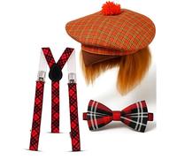 Mega_Jumble Mens Scottish National Scots Tartan Hat with Ginger Wig Suspender Braces and Bowtie Instant Kit Red Tartan Pattern Stag Night Fancy Dress Costume SCOTSMAN SET