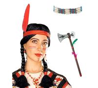Mega_Jumble® Mens Womens Indian Wig, Tomahawk & Choker Necklace Red Indian Native Western Warrior Fancy Dress Costume Accessories Native American Indian Kit