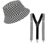 Mega_Jumble Men's Women's Ska Two Tone Instant Kit 1980's Retro Black White Chequered Braces and Bucket Hat - Hen/Stag Night Themed Party Fancy Dress