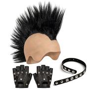 Mega_Jumble Mr T Mohawk Spikes Black Wig Hat with Fingerless Studded Punk Gloves & Choker Set - 80s Punk Rock Fancy Dress Costume Accessories for Men Women Halloween Party Cosplay