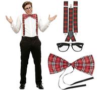 Mega_Jumble® Nerd Costume Kit Geek Disguise Set Chequered Checked Braces Fly Glasses Swot Outfit Accessory Bad Taste Theme Party 80's Dweeb School
