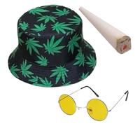 Mega_Jumble Rasta Reggae Costume Set Unisex - Colourful Bucket Hat, Round Glasses & Fake Spliff | Jamaican Themed Fancy Dress Accessories for Festival, Carnival, 90s Party, Summer Dress-Up Fun