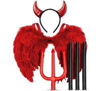 Mega_Jumble Red Devil Angel Fairy Wings, Horns Headband and Pitchfork - Halloween Women Red Devil Costume, Dark Angel Halloween Costume Party Fancy Dress Accessories Set