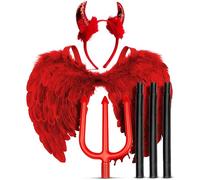 Mega_Jumble Red Devil Angel Fairy Wings, Sequin Horns Headband and Pitchfork - Halloween Women Red Devil Costume, Dark Angel Halloween Costume Party Fancy Dress Accessories Set