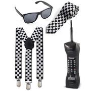 Mega_Jumble Retro 80s Ska Two Tone Costume Set - Chequered Braces, Skinny Tie, Black Shades & Inflatable Brick Phone Fancy Dress Accessory 4 PC Kit