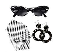Mega_Jumble Rock Roll Retro Womens Girls 50s Grease Poodle Scarf Glasses Earrings 3 Piece Hen Party Set 1950s Ladies Black/White Polka Dots Fancy Dress Costume Accessories