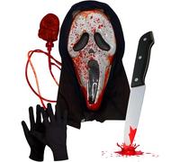 Mega_Jumble Screaming Ghost Mask with Blood Pump + Black Gloves + Bloody Knife Scary Bleeding Scream Ghost Face Mask Cosplay Trick or Treat Halloween Fancy Dress Costume Accessories