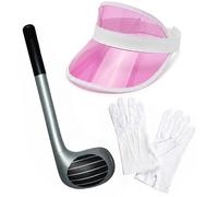 Mega_Jumble Unisex Adult Poker Set Pub Golf Golfer Golfing Pink Visor Hat, Inflatable Golf Club & White Gloves Pub Golf Fancy Dress Costume Accessories