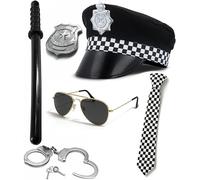 Mega_Jumble® Unisex Adult Police Set - Hat, Tie, Badge, Handcuffs, Police Stick & Sunglasses - Men & Women’s Fancy Dress Uniform Costume Accessories
