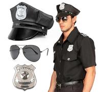 Mega_Jumble Unisex Adult Policeman Women Instant Set Black Hat Special Police Metal Badge and Glasses London Police Officer SWAT NYPD US Police Fancy Dress Costume Accessories